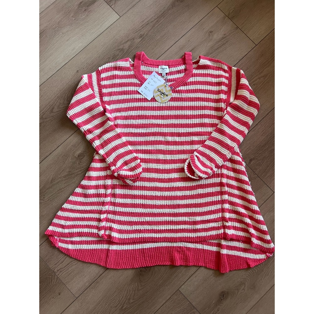 NWT‎ Hayden Los Angeles Pink White Striped Cold Shoulder Knit Sweater High Low M